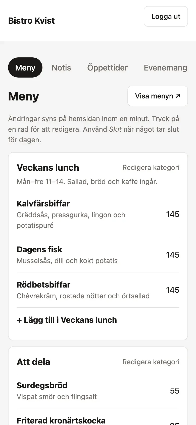 Adminvyn i mobilen där Bistro Kvist ändrar menyn