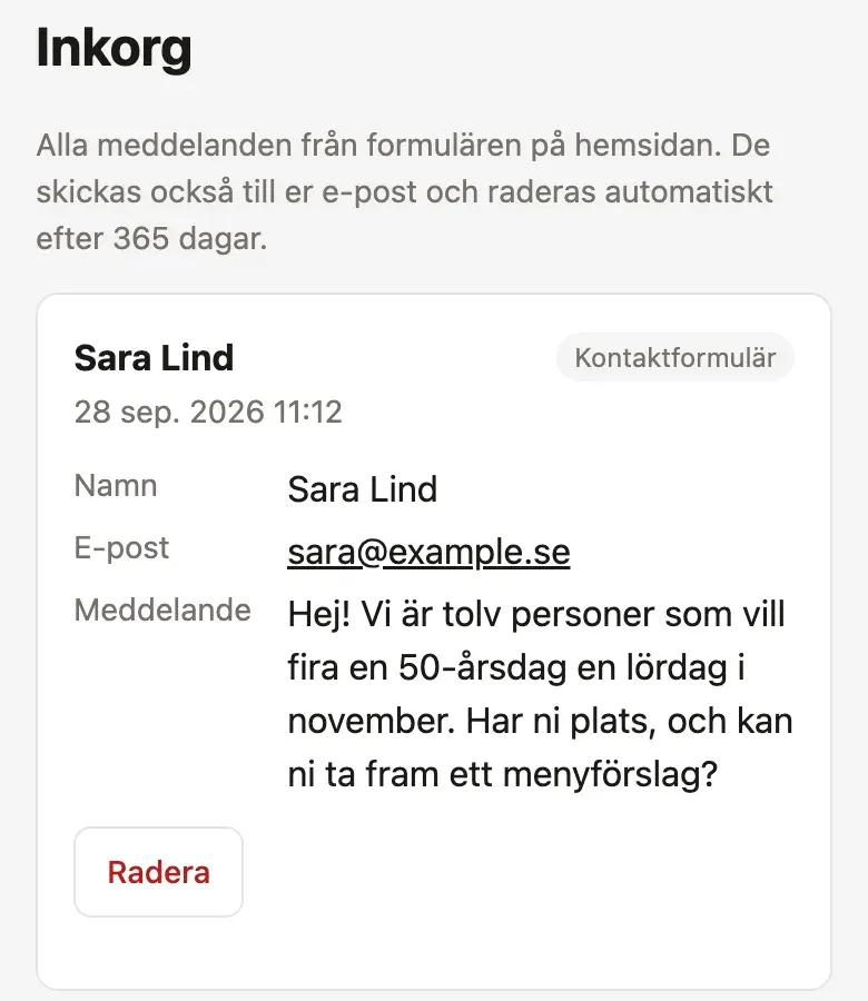 Inkorgen med ett meddelande om ett sällskap