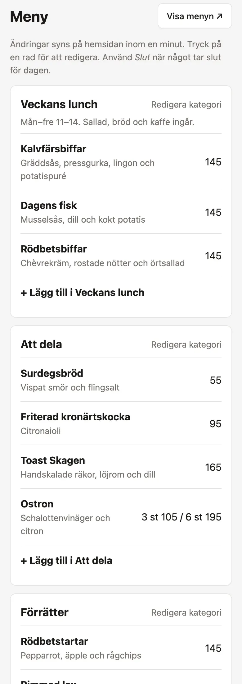 Menyn i adminvyn med rätter och priser
