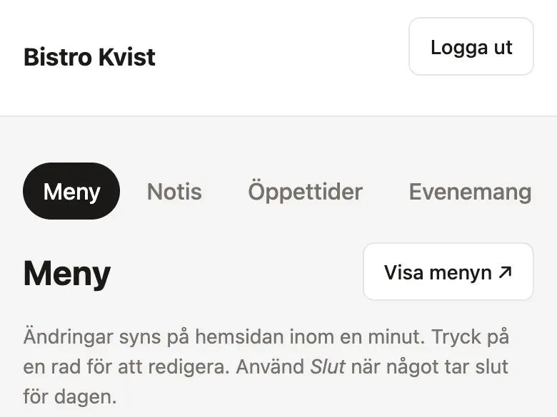 Adminvyn där Bistro Kvist ändrar menyn