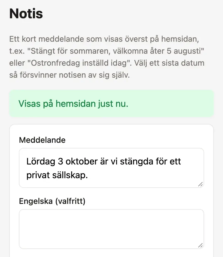En notis om att restaurangen är stängd en lördag